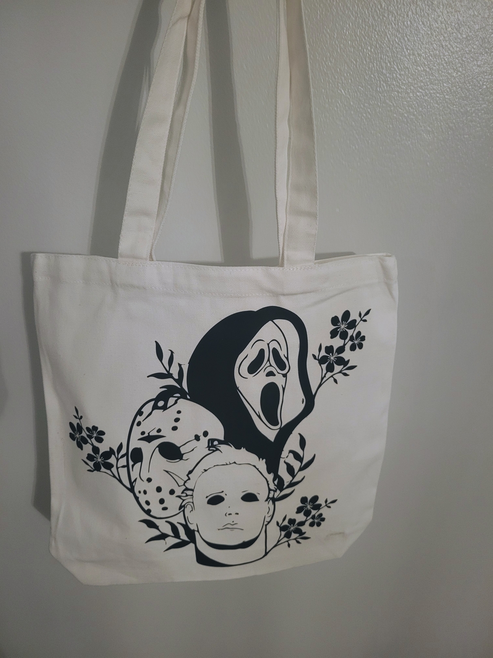 White Graphic Horror Faces Canvas Tote Bag